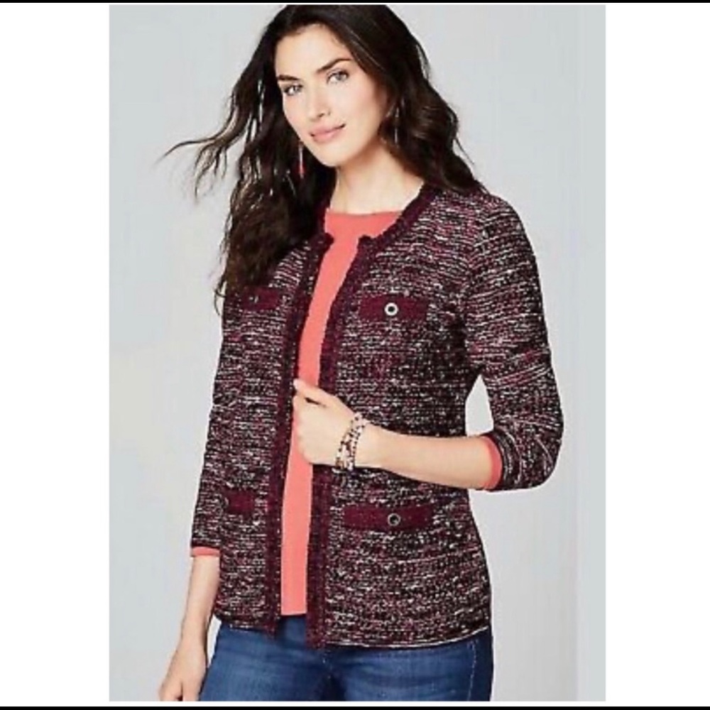 J. Jill Fringed Tweed Cardi Jacket, xs